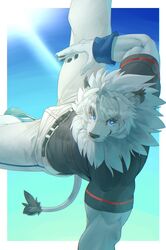  anthro biri blue_eyes bottomwear bulge clothing felid footwear fur hair hi_res leo_(saitama_seibu_lions) lion male mammal mane mascot muscular muscular_male nippon_professional_baseball pantherine pants saitama_seibu_lions shirt shoes sky smile solo sport t-shirt topwear white_body 