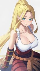  absurdres arm_support armor bare_shoulders beatrix_amerhauser blonde_hair blue_eyes breasts cleavage closed_mouth female high_ponytail highres japanese_armor kusazuri large_breasts long_hair looking_at_viewer reulem sidelocks sitting smile solo tank_top very_long_hair white_background white_tank_top zom_100:_zombie_ni_naru_made_ni_shitai_100_no_koto 