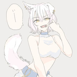  animal_ears bare_shoulders breasts crop_top ear_picking fangs female finger_in_own_mouth grey_background hand_up inutose looking_at_viewer midriff original shirt short_hair simple_background sleeveless sleeveless_shirt small_breasts solo speech_bubble tail twitter_username upper_body white_hair yellow_eyes 