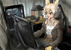  animal_ear_fluff animal_ears computer computer_tower coyote_(kemono_friends) evyngr female gloves kemono_friends kemono_friends_v_project microphone multicolored_hair necktie open_mouth shirt sitting skirt smile solo tail virtual_youtuber wolf_ears wolf_tail 