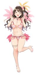  alternate_costume bikini blush bracelet breasts brown_hair choker closed_eyes dekosuke double_v feathers female full_body high_heels highres idolmaster idolmaster_cinderella_girls jewelry leg_up long_hair medium_breasts pearl_bracelet samba shimamura_uzuki side_ponytail simple_background smile solo swimsuit teeth thigh_strap tiara upper_teeth_only v wavy_hair white_background 