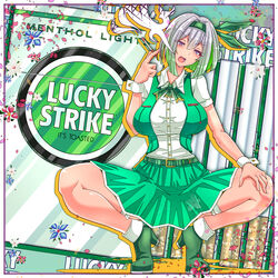  absurdres border breasts cigarette english_text falling_petals female flower green_footwear green_jacket green_skirt highres holding holding_cigarette jacket konpaku_youmu lucky_strike netgamesennyou7 petals product_girl product_placement shirt short_hair short_sleeves skirt smoking solo squatting thighs touhou white_border white_hair white_shirt 