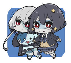  2girls :o animal bandaged_hand bandaged_leg bandages black_bow black_dress black_hair black_jacket black_sailor_collar black_skirt blazer blue_background blush bow brown_cardigan brown_flower canine cardigan chibi closed_mouth collar collared_shirt commentary_request dress flower grey_hair hair_between_eyes hair_flower hair_ornament jacket konno_junko long_sleeves mizuno_ai multiple_girls nozo_(hitomiz) open_clothes open_jacket parted_lips patchwork_skin plaid plaid_bow plaid_skirt pleated_skirt puffy_long_sleeves puffy_sleeves red_eyes romero_(zombie_land_saga) sailor_collar sailor_dress school_uniform shirt skirt sleeves_past_wrists spiked_collar spikes two-tone_background white_background white_shirt zombie zombie_land_saga 