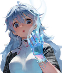  absurdres ahoge black_eyes blue_hair breasts commentary ddal english_commentary female hair_between_eyes hand_up highres long_hair original parted_lips shirt short_sleeves simple_background small_breasts smoke solo transparent upper_body very_long_hair white_background white_shirt 