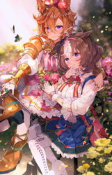  2girls ahoge animal_ears armor bag between_breasts blue_skirt blurry blurry_background boots breasts brown_footwear brown_hair bug butterfly chair closed_mouth commentary_request crown ear_piercing ears_down fingerless_gloves flower gloves hair_flower hair_ornament hairband hand_on_another&#039;s_shoulder high_heel_boots high_heels highres horse_ears horse_girl jewelry large_breasts looking_at_viewer meisho_doto_(umamusume) mini_crown multicolored_hair multiple_girls multiple_rings orange_hair pantyhose petals piercing puffy_sleeves purple_eyes raised_eyebrows ring rose shirt shoulder_armor shoulder_bag sitting sitting_on_table skirt smile strap_between_breasts t.m._opera_o_(umamusume) two-tone_hair umamusume v-shaped_eyebrows white_gloves white_pantyhose white_shirt yoshida_(ne) 