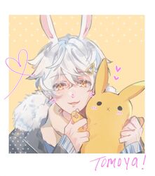  1boy animal_ears black_jacket border bun-mii character_name english_commentary faux_photograph fur_trim hair_ornament hairclip heart holding holding_stuffed_toy jacket male_focus open_mouth polaroid portrait rabbit_boy rabbit_ears scarf smile solo stuffed_animal stuffed_rabbit stuffed_toy tsunderia uzuki_tomoya virtual_youtuber white_border white_hair yellow_eyes yellow_scarf 