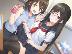  2girls :d bare_arms bare_shoulders black_hair black_legwear black_sailor_collar black_skirt blue_shirt blurry blush breasts brown_eyes brown_hair chair classroom closed_mouth clothes_lift collared_shirt commentary_request desk dress_shirt dutch_angle egg_vibrator glasses hair_ornament hairclip hands_up highres holding indoors large_breasts lifting_own_clothes long_hair looking_at_viewer lotion medium_breasts medium_hair miniskirt multiple_girls neckerchief official_art on_chair original over-rim_eyewear pleated_skirt purple_eyes red-framed_eyewear red_neckerchief sailor_collar school_chair school_desk school_uniform semi-rimless_eyewear serafuku sex_toy shirt short_sleeves sidelocks sitting skirt skirt_lift sleeveless sleeveless_shirt smile summer_uniform super_nagoyaka thighhighs thighs tissue tissue_box untucked_shirt used_tissue v-shaped_eyebrows vibrator white_shirt window 