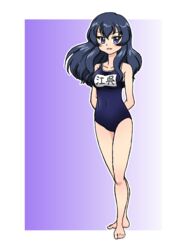  arms_behind_back barefoot blue_eyes blue_hair blue_one-piece_swimsuit commentary crossed_legs eclair_(girls_und_panzer) female girls_und_panzer girls_und_panzer_gekitou!_maginot-sen_desu!! long_hair looking_at_viewer name_tag one-piece_swimsuit open_mouth outline purple_background school_swimsuit smile solo standing swimsuit takahashi_kurage textless_version white_outline wind 