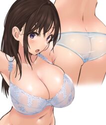  ass bad_multiple_views blue_bra blue_panties blush bra breasts brown_hair cleavage commentary_request female highres huge_breasts long_hair mappaninatta multiple_views navel open_mouth original panties purple_eyes shiny_skin sidelocks standing sweatdrop underwear underwear_only 