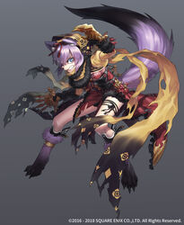  angry animal_feet animal_hands animal_nose black_background black_gloves blue_eyes chaos_belle_(grimms_notes) clenched_teeth female full_body gloves gradient_background grimms_notes hood hood_up official_art paw_gloves paw_shoes purple_hair ribbon sacanahen scarf solo tail tail_raised teeth 