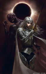  1boy ari_ibarra armor artist_name behelit berserk black_cape black_vs_white blood blood_on_hands breastplate cape closed_mouth commentary dark_persona dripping eclipse english_commentary femto_(berserk) gauntlets greaves griffith_(berserk) highres holding holding_sword holding_weapon jewelry long_hair looking_back male_focus mask necklace painterly pauldrons purple_eyes shoulder_armor standing sword vambraces weapon white_cape white_hair 