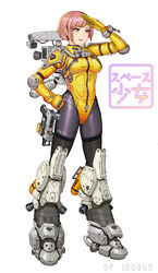  bob_cut bodysuit camera canister female full_body gun hand_on_own_hip handgun highres holster lieqi_hun original oxygen_tank photoshop_(medium) pink_eyes pink_hair science_fiction short_hair smile solo spacesuit thigh_holster thrusters tube weapon white_background 