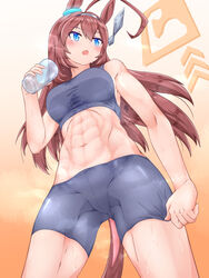  abs absurdres ahoge animal_ears bare_shoulders bike_shorts bike_shorts_pull black_sports_bra blue_eyes blush breasts brown_hair commentary_request cowboy_shot cup ear_ornament female from_below grey_hairband groin hair_between_eyes hairband hand_up highres holding holding_cup horse_ears horse_girl horse_tail long_hair looking_to_the_side medium_breasts midriff mihono_bourbon_(umamusume) navel open_mouth sidelocks solo sports_bra standing steam sweat tail taut_clothes umamusume yanejou_no_tabibito 