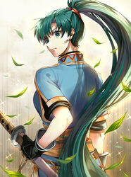  back black_gloves blue_dress breasts closed_mouth commentary cowboy_shot delsaber dress earrings expressionless female fingerless_gloves fire_emblem fire_emblem:_the_blazing_blade from_behind gloves green_eyes green_hair jewelry katana leaf long_hair looking_at_viewer looking_back lyn_(fire_emblem) medium_breasts ponytail scabbard sheath sheathed short_sleeves solo sparkle sword weapon 