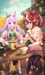  2girls :d animal_ears autumn autumn_leaves blue_eyes blush brown_hair highres horse_ears horse_girl horse_tail long_hair long_sleeves mejiro_mcqueen_(umamusume) multiple_girls open_mouth outdoors pantyhose parfait purple_eyes purple_hair sitting smile sweatdrop tail tokai_teio_(umamusume) umamusume worried yoshida_(ne) 