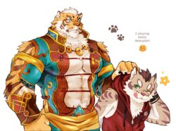  2boys :q abs abs_cutout animal_ears arm_cutout bara bare_pectorals blue_eyes clothing_cutout fluffy furry furry_male green_eyes hood hooded_jacket jacket large_pectorals lin_hu_(nekojishi) male_focus multiple_boys muscular muscular_male nekojishi orange_fur panther_boy panther_ears pectoral_cleavage pectorals red_jacket short_hair shoulder_cutout sleeveless sleeveless_jacket stomach tiger_boy tiger_ears tiger_stripes tongue tongue_out tora_d white_fur 