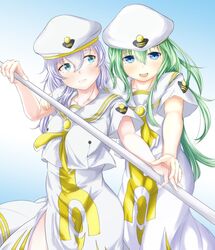  2girls alice_carroll anya_dostoyevskaya aria_(manga) aria_the_avvenire beret blouse blue_eyes blush cowboy_shot dress gradient_background green_hair grey_hair hair_between_eyes hand_grab hand_on_another&#039;s_shoulder hat highres hip_focus holding holding_oar logo long_dress long_hair looking_at_another looking_to_the_side mochio0000 multiple_girls neckerchief oar orange_planet_uniform patch sailor_collar shirt short_sleeves skin_tight smile uniform wavy_hair white_dress white_headwear white_shirt yellow_neckerchief yuri 