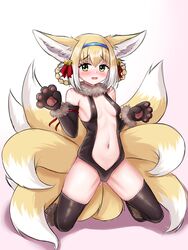  absurdres animal_ear_fluff animal_ears animal_hands arknights ass_visible_through_thighs bare_shoulders bell black_gloves black_leotard black_sleeves black_thighhighs blonde_hair blue_hairband blush bow braid braided_hair_rings breasts center_opening commentary cosplay detached_sleeves english_commentary fate/kaleid_liner_prisma_illya fate_(series) female fox_ears fox_girl fox_tail full_body fur-trimmed_gloves fur_trim gloves green_eyes hair_bell hair_ornament hair_rings hairband hairbow hands_up highres illyasviel_von_einzbern illyasviel_von_einzbern_(beast_style) illyasviel_von_einzbern_(beast_style)_(cosplay) illyasviel_von_einzbern_(cosplay) jingle_bell kitsune kyuubi leotard long_sleeves multicolored_hair multiple_tails navel nose_blush open_mouth paw_gloves red_bow rylaera small_breasts solo suzuran_(arknights) tail thighhighs twin_braids two-tone_hair wavy_mouth white_hair 