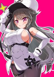  &gt;:) armpits azur_lane bare_shoulders blush breasts closed_mouth coat coat_dress cowboy_shot curvy elbow_gloves female from_below fur_trim gloves grey_hair hair_between_eyes hand_on_own_hip hat_tip highres large_breasts long_hair mikage_(shibi) padded_coat pamiat_merkuria_(azur_lane) pamiat_merkuria_(retrofit)_(azur_lane) pantyhose purple_background purple_eyes russian_clothes sideboob simple_background smile solo taut_clothes thigh_strap underbust v-shaped_eyebrows very_long_hair white_coat white_headwear 