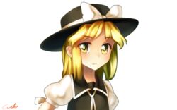  black_hat black_vest blonde_hair bow breasts commentary_request fedora female hat hat_bow medium_breasts mystic_square puffy_short_sleeves puffy_sleeves short_sleeves sidelocks solo touhou touhou_(pc-98) upper_body vest welt_(kinsei_koutenkyoku) yellow_eyes yuki_(touhou) 