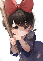  animal animal_on_shoulder bandaid bandaid_on_arm bandaid_on_hand black_cat black_dress black_hair blurry blurry_foreground blush bow broom brown_eyes dress eyes_visible_through_hair feline female hairbow highres holding holding_broom jiji_(majo_no_takkyuubin) kiki_(majo_no_takkyuubin) leaning_forward looking_at_viewer majo_no_takkyuubin red_bow ryota_(ry_o_ta) scratches shadow short_hair short_sleeves signature simple_background solo standing sweat torn_clothes upper_body white_background 