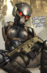  battle_rifle bodysuit commentary_request commission english_text female fn_scar_17 frogs_(metal_gear) glowing glowing_eyes gun helmet holding holding_gun holding_weapon metal_gear_(series) metal_gear_solid_4:_guns_of_the_patriots original rifle signature sitting skeb_commission skin_tight solo sunao_(70_the) trigger_discipline weapon 