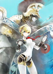  absurdres aegis_(persona) aiming aiming_at_viewer android athena_(megami_tensei) bana_(stand_flower) blonde_hair blue_background blue_eyes bow female hairband helmet highres looking_at_viewer mechanical_parts persona persona_3 plume pointing pointing_at_viewer polearm shield short_hair simple_background spear weapon white_background 