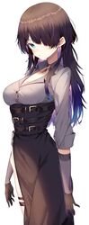  absurdres belt black_gloves black_hair blue_eyes blush breasts choker cleavage closed_mouth collared_shirt female gloves hair_over_one_eye highres jun_(aousa0328) large_breasts long_hair long_sleeves looking_at_viewer original shirt simple_background solo white_background white_shirt 