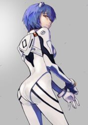  absurdres ass ayanami_rei back blue_hair breasts closed_mouth female gradient_background grey_background hara_kenshi highres looking_back neon_genesis_evangelion plugsuit red_eyes short_hair simple_background solo turtleneck 