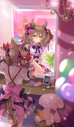  animal_ears arms_behind_head arms_up black_ribbon blurry blurry_foreground bow breasts brown_hair center_opening chandelier collared_dress dress envelope female from_behind hair_ribbon hairbow highres horse_ears horse_girl horse_tail jar medium_breasts medium_hair mirror neck_ribbon puffy_short_sleeves puffy_sleeves reflection ribbon short_sleeves skirt smart_falcon_(umamusume) smile solo stool stuffed_animal stuffed_carrot stuffed_rabbit stuffed_toy suspender_skirt suspenders table tail twintails umamusume vanity_table white_dress wrist_cuffs yellow_eyes yoshida_(ne) 