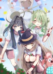  4girls antlers berry branch brown_eyes brown_hair ceres_fauna confetti dark_skin flower green_hair gym_shorts gym_uniform hair_flower hair_intakes hair_ornament hakos_baelz halloween_baelz hat holocouncil hololive hololive_english horns leaf long_hair looking_at_viewer medal megts0331 multiple_girls nanashi_mumei official_alternate_costume ouro_kronii relay_baton shorts smile sweat sweatdrop towel towel_around_neck tsukumo_sana twintails very_long_hair virtual_youtuber white_hair witch_hat wristband 