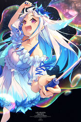  :d blue_hair bubble character_name dated dress female floating_hair flower hair_flower hair_ornament halter_dress halterneck highres holding kuro-kun_(nablack) lize_helesta lize_helesta_(2nd_costume) long_hair looking_at_viewer multicolored_hair nijisanji purple_eyes short_sleeves smile solo two-tone_hair virtual_youtuber white_dress white_hair 