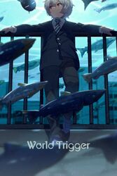  1boy against_railing arm_rest blazer building caustics copyright_name creature echo_(circa) fish flying_fish jacket kuga_yuuma light_particles long_sleeves looking_away looking_to_the_side male_focus necktie outstretched_arms pants railing replica_(world_trigger) school_uniform shoes short_hair smile spread_arms standing striped_necktie torion_hei white_hair world_trigger 