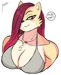  anthro breasts cleavage clothed clothing dialogue english_text felid female hair jwinkz kaylee_(jwinkz) lion mammal pantherine smile solo text 