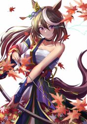  absurdres animal_ears arrow_(projectile) autumn_leaves bare_shoulders bow bow_(weapon) breasts brown_hair chakuma_(yiyh1468) chest_sarashi choker collar commentary_request elbow_gloves eye_trail female gloves hadanugi_dousa highres horse_ears horse_girl horse_tail japanese_clothes kimono leaf light_trail looking_at_viewer official_alternate_costume purple_eyes sarashi single_vambrace solo symboli_rudolf_(archer_of_the_white_moon)_(umamusume) symboli_rudolf_(umamusume) tail umamusume vambraces weapon white_background white_hair 