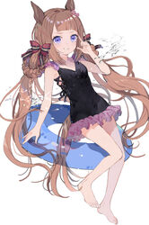  animal_ears black_one-piece_swimsuit blunt_bangs braid brown_hair casual_one-piece_swimsuit female flower full_body grin hair_flower hair_ornament highres horse_ears horse_girl horse_tail innertube long_hair looking_at_viewer official_alternate_costume one-piece_swimsuit purple_eyes simple_background smile solo sweep_tosho_(monopolizing_the_chill?)_(umamusume) sweep_tosho_(umamusume) swim_ring swimsuit tail twintails umamusume v v-shaped_eyebrows very_long_hair white_background yoshida_(ne) 