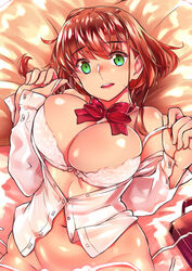  bag bow bowtie bra breasts brown_hair chiha_(abo_ecm_mk25) cleavage cowboy_shot female green_eyes highres large_breasts looking_at_viewer lying navel on_back open_clothes open_mouth open_shirt original panties plump red_bow school_bag shiny_skin shirt short_hair side-tie_panties solo thighs underwear undressing untied_panties white_bra white_panties white_shirt 