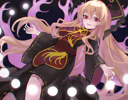  alternate_hair_color belt black_background black_belt black_dress black_hat bow bowtie breasts brown_hair crescent danmaku dress energy eyelashes female fingernails flying hair_between_eyes hands_up hat highres junko_(touhou) kani_nyan light_brown_hair long_hair long_sleeves looking_at_viewer medium_breasts open_mouth phoenix_crown pom_pom_(clothes) red_eyes simple_background smile solo tabard tongue touhou wide_sleeves yellow_bow yellow_bowtie 