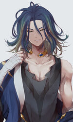  1boy adaman_(pokemon) bad_id bad_pixiv_id black_shirt blue_coat blue_hair brown_eyes coat collar collarbone commentary_request earrings eyebrow_cut green_hair hand_up hand_wraps highres jewelry male_focus messy_hair multicolored_hair off_shoulder parted_lips pokemon pokemon_legends:_arceus shirt smile solo upper_body white_background yue_(lov_n_n) 