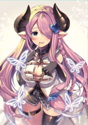  black_gloves black_horns blue_eyes braid breasts bug butterfly cleavage commentary draph female finger_to_mouth fingerless_gloves garter_belt gloves granblue_fantasy hair_ornament hair_over_one_eye homaderi horns large_breasts light_purple_hair long_hair looking_at_viewer narmaya_(granblue_fantasy) oerba_yun_fang pointy_ears single_fingerless_glove single_thighhigh skin_fang sleeveless solo thigh_strap thighhighs very_long_hair white_butterfly 