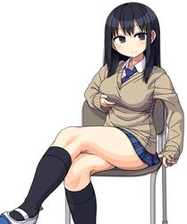  black_eyes black_hair black_socks breast_hold breasts chair crossed_legs female highres kneehighs large_breasts legs long_hair maruput necktie original school_uniform shoes sitting socks solo sweater uwabaki white_background 