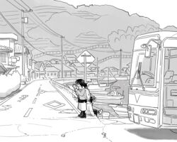  2girls backpack bag boots building bus bush coat commentary greyscale harbor highres holding holding_map long_hair map monochrome motor_vehicle muji_(uimss) multiple_girls original outdoors power_lines reading road road_sign sign sitting standing sweatdrop utility_pole wide_shot 