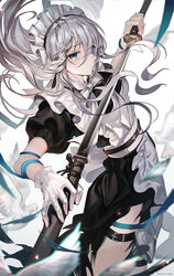  a_maru apron bad_id bad_pixiv_id belt bird black_dress blue_eyes bow dress female frilled_apron frills garter_belt gloves hair_between_eyes highres holding holding_sword holding_weapon katana long_hair maid maid_headdress original photoshop_(medium) puffy_short_sleeves puffy_sleeves short_sleeves sleeveless sleeveless_dress solo sword weapon white_apron white_background white_bird white_gloves white_hair 