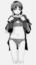  banned_artist bra braid breasts clothes_lift cowboy_shot dress dress_lift facing_viewer female greyscale kantai_collection long_hair makio_(makiomeigenbot) monochrome official_alternate_costume panties sideways_glance single_braid small_breasts solo souya_(kancolle) underwear 