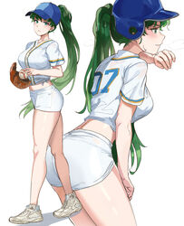  absurdres alternate_costume ass baseball baseball_cap baseball_helmet baseball_mitt baseball_uniform blush breasts commentary female fire_emblem fire_emblem:_the_blazing_blade green_eyes green_hair hat helmet highres large_breasts legs long_hair looking_at_viewer lyn_(fire_emblem) midriff multiple_views navel ormille ponytail shirt shorts sportswear sweat symbol-only_commentary thighs very_long_hair white_background white_shirt white_shorts 