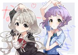  2girls absurdres black_ribbon blunt_bangs bow bowtie braid breast_pocket brown_eyes collared_shirt commentary_request double_v grey_hair hair_ribbon highres hisakawa_nagi idolmaster idolmaster_cinderella_girls idolmaster_million_live! juliet_sleeves long_hair long_sleeves looking_at_viewer low_twintails makabe_mizuki multiple_girls neck_ribbon necktie nocco_saz plaid_neckwear pocket pose puffy_sleeves purple_hair red_bow red_bowtie ribbon shirt short_hair short_sleeves twintails upper_body v yellow_eyes 