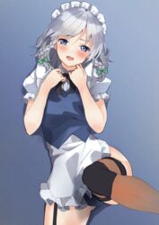  adapted_costume ass_visible_through_thighs black_bow black_bowtie blue_eyes blue_leotard blue_vest bow bowtie braid collared_shirt commission female garter_straps green_bow grey_hair hairbow highres izayoi_sakuya leotard maid_headdress pixiv_commission puffy_sleeves shirt short_hair short_sleeves simple_background solo textless_version thigh_strap thighhighs touhou tsushi twin_braids vest white_background white_shirt 