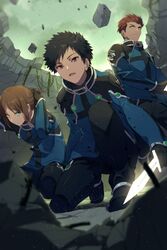  3boys arms_behind_head black_hair blurry debris depth_of_field destruction dutch_angle echo_(circa) from_below gloves glowing glowing_sword glowing_weapon holding holding_sword holding_weapon kazama_souya kazama_squad&#039;s_uniform kikuchihara_shirou light_particles looking_at_viewer male_focus multiple_boys on_one_knee pants ponytail red_hair rubble short_hair short_sword sky spiked_hair squatting standing sword tying_hair uniform utagawa_ryou_(world_trigger) weapon world_trigger 