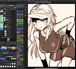  anger_vein art_program_in_frame bent_over berit_(eisu) blonde_hair braid breasts eisu_(eith) female grimace gym_uniform hands_on_own_hips hanging_breasts headband highres large_breasts long_hair monochrome original sepia sidelocks simple_background white_background 