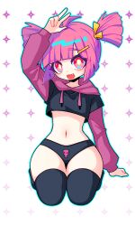  absurdres ahoge alternate_costume arm_up black_hoodie black_panties black_thighhighs buro_(muse_dash) chinese_commentary commentary_request cropped_hoodie curvy female flat_chest full_body highres hood hood_down hoodie kneeling looking_at_viewer midriff muse_dash navel panties petite pink_eyes pink_hair short_hair short_twintails skull_print solo thighhighs twintails underwear wide_hips youhouyou1207 